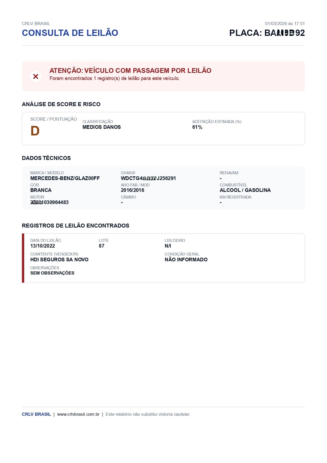 Exemplo da Consulta de Leilão